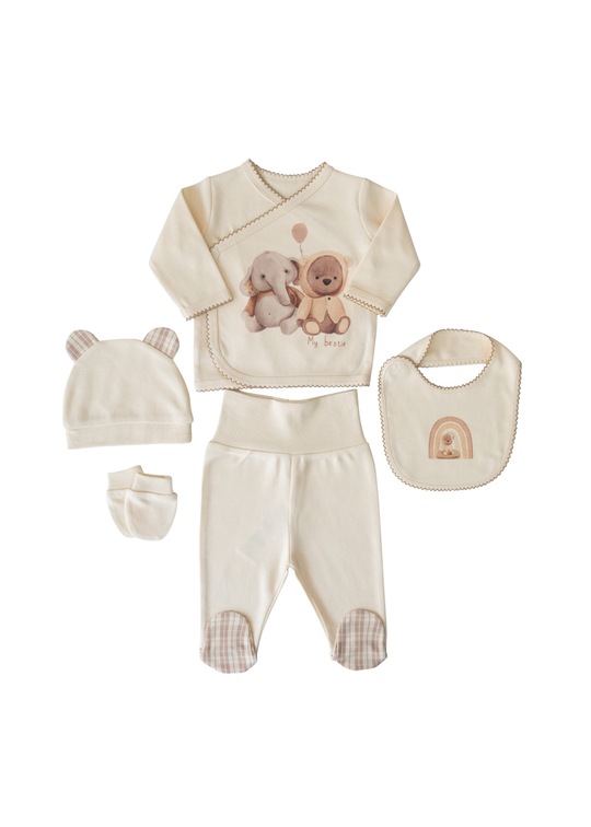 Set 5 Piese Nou Nascut din Bumbac Organic Bej cu Elefant si Urs S60160 Kitikate