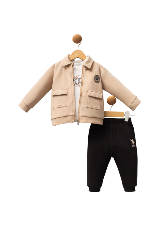 Set 3 Piese Jacheta Bej cu Fermoar Bluza Ivory si Pantaloni Lungi Bleumarin USB2549 V1 Us Polo Assn