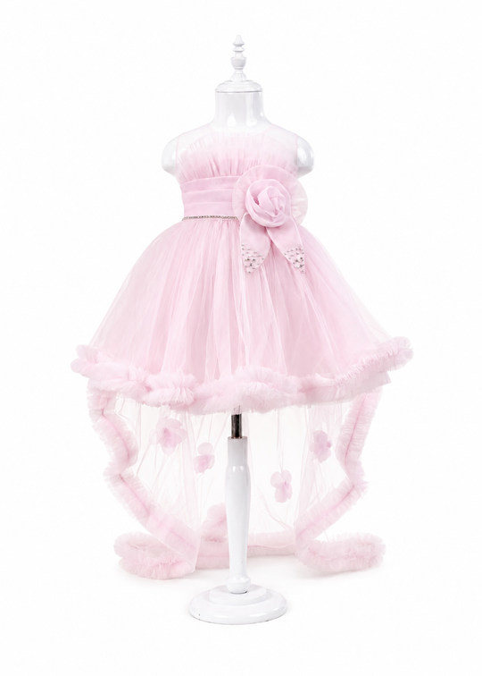 Pink tulle ceremonial dress with satin waist tie art 3190 Mon Princess