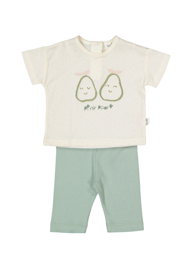 Set 2 Piese Tricou Crem cu Imprimeu Pere si Colanti Verde Menta Pink Pear K4735 Bebetto