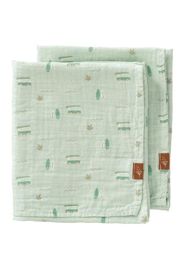 Set 2 Paturici Muselina Verde cu Imprimeu Masinute din Bumbac Organic 70X60 cm F115-11 Momykeep