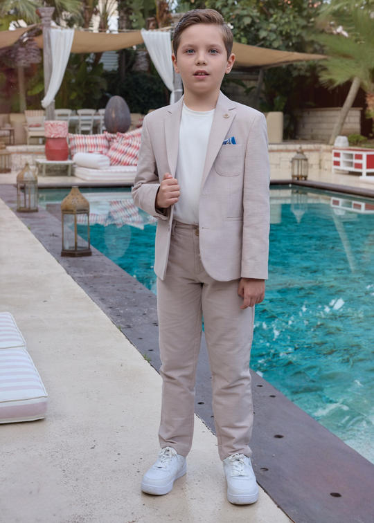 Costum 3 Piese Sacou si Pantaloni Bej Tricou Ivory 20253 Little Gentleman