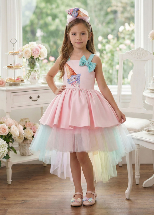 Rochie Ceremonie din Saten Roz cu Tull Colorat si Inghetata 36042PR Pamina