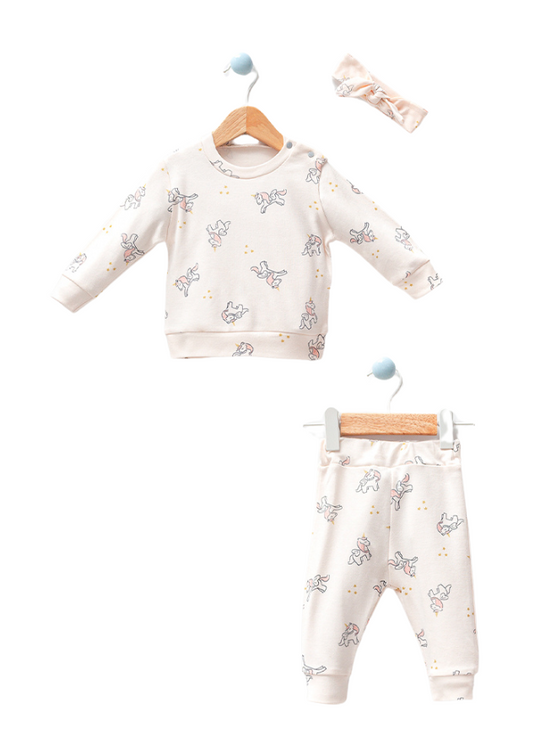 Set 2 Piese Bumbac Organic Bluza si Pantaloni Crem cu Unicorni 7011 Bubbles