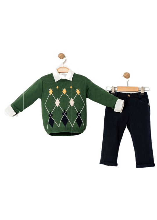3 Piece Set Green Sweater with Beige and Orange Diamonds, White Shirt and Navy Blue Pants 15191 Bebus