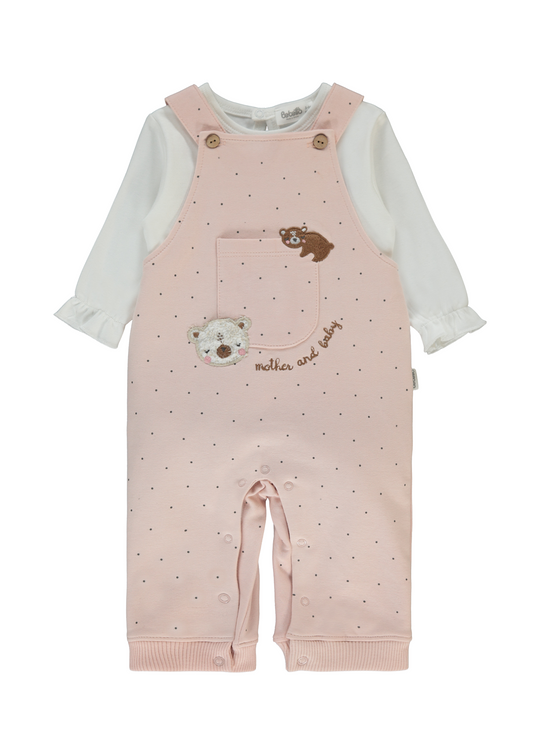 Set 2 Piese Salopeta Lunga Roz Pudra cu Picouri si Bluza Crem cu Maneca Lunga K4916 Bebetto