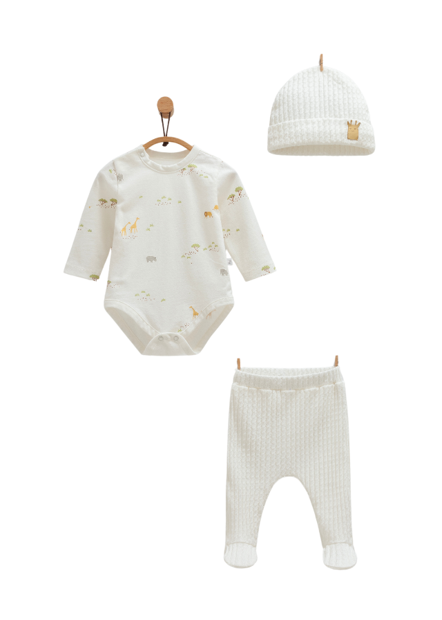 Set 3 Piese Crem Body Pantaloni si Fes cu Imprimeu Animale Safari Time BPS1820 Mell Sweet Baby