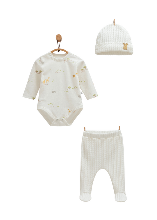 Set of 3 Cream Bodysuit Pants and T-shirt with Animal Print Safari Time BPS1820 Mell Sweet Baby