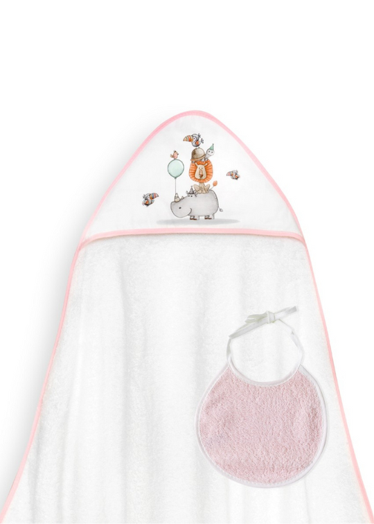Hooded towel 100x100 cm+White-Pink bib with Rhinoceros 01253-12 Don Algodon