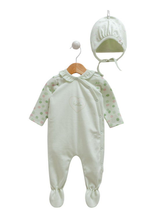 Довгий зелений комбінезон зі скобами та принтом у горошок на рукавах і шапочці 9630 Mell Sweet Baby