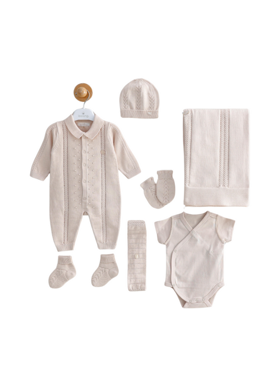 Set of 5 Newborn Pieces Beige Knitted Jumpsuit with Collar and Polka Dots 3104 Leo King