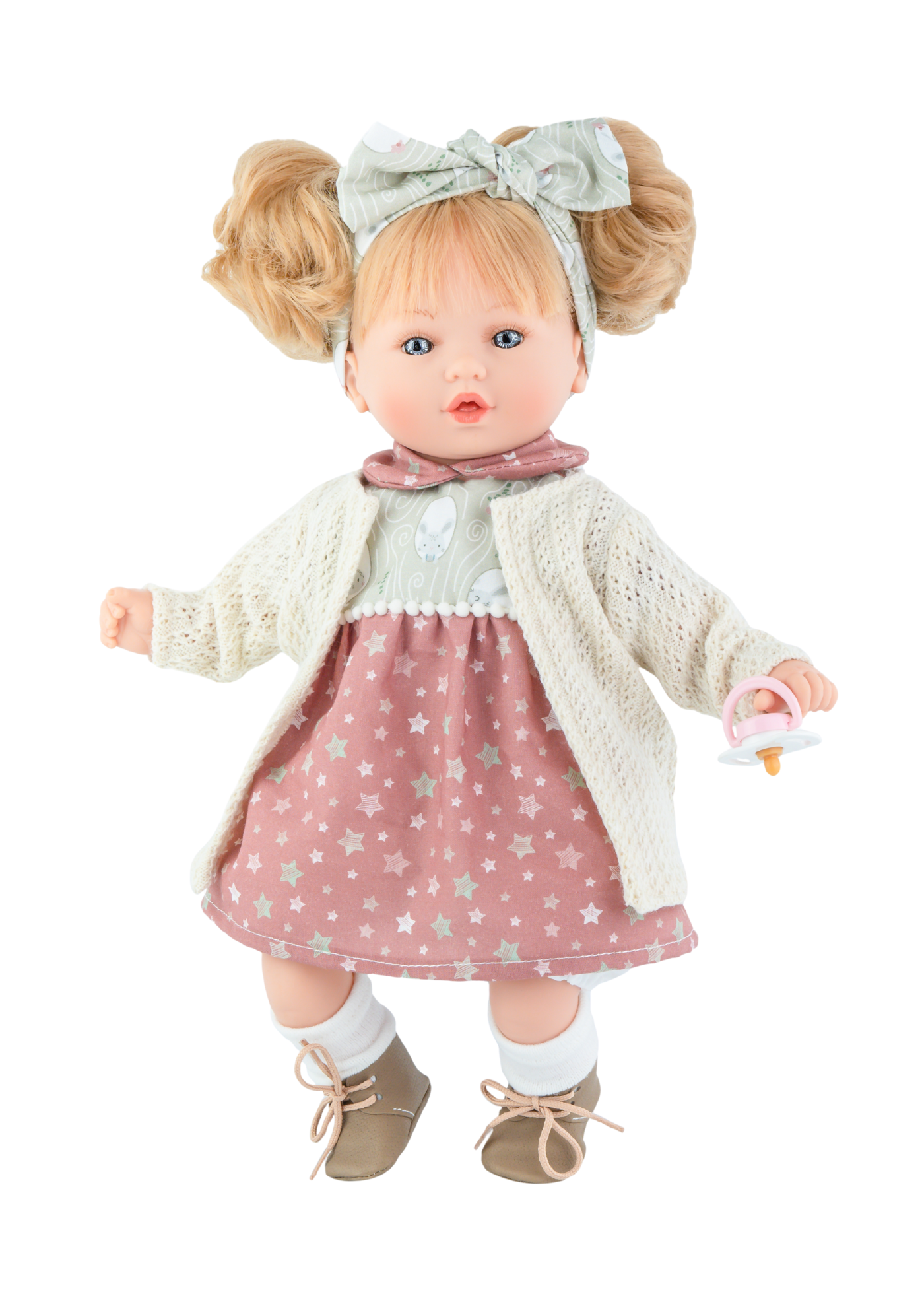 Papusa Parfumata Petite Winter, Corp Moale cu Mecanism, Fetita cu Rochita Roz Pudra cu Imprimeu si Jacheta Crem 493 – Marina&Pau