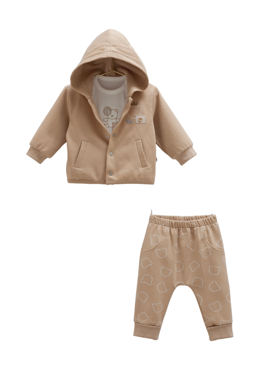 Set 3 Piese Jacheta cu Gluga si Pantaloni Lungi Maro si Bluza Crem cu Ursi TKE1870 Mell Sweet Baby
