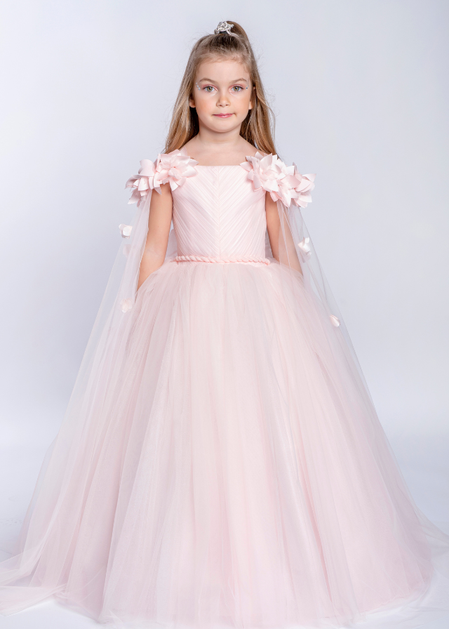 Rochie Eleganta pentru Serbare Lunga din Tull Roz cu Aplicatii pe Maneci 3-11 ani 2233 Kanilla