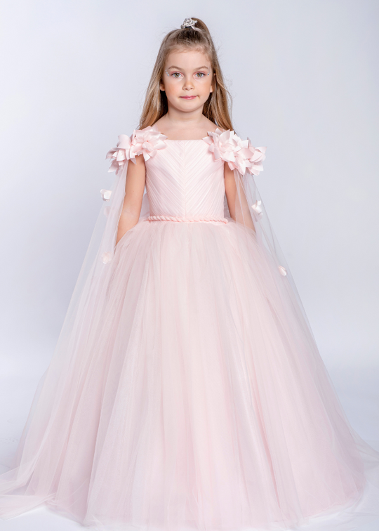 Elegant Long Pink Tulle Ceremony Dress with Appliques on Sleeves 3-11 years 2233 Kanilla