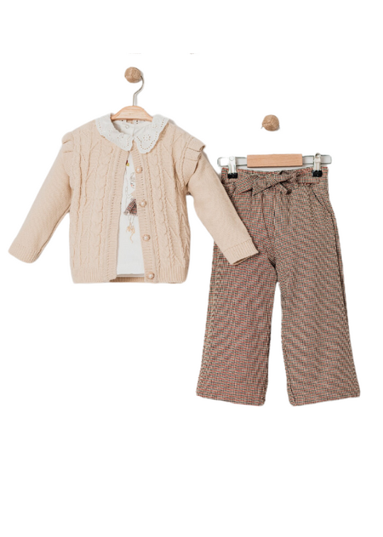 3 Piece Set Beige Knitted Cardigan Cream Blouse with Embroidered Collar and Brown Pepit Pants 15477 Bebus