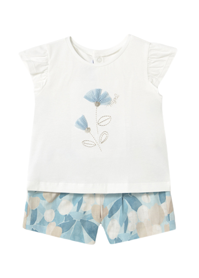 Set 2 Piese Tricou Crem si Pantaloni Scurti Imprimeu Lalele Bleu 1237 Mayoral