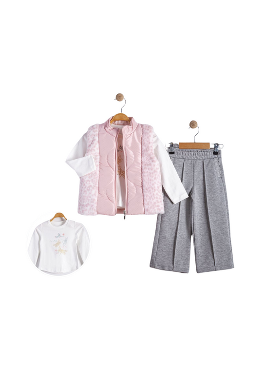 Set 3 Piese Vesta Fas cu Blana Roz Bluza Crem cu Libelule si Pantaloni Lungi Gri 16565 Bebus