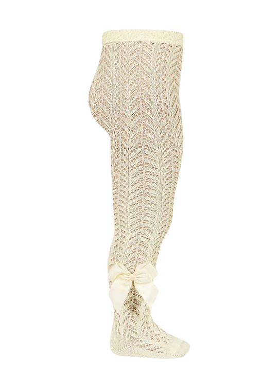 Pale Yellow Perforated Pattern Tights with Reps Bow 25301 Condor