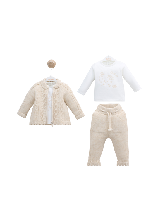 Set 3 Piese Jacheta si Pantaloni Bej cu Lana Merinos si Bluza Bumbac 9591 Leo King