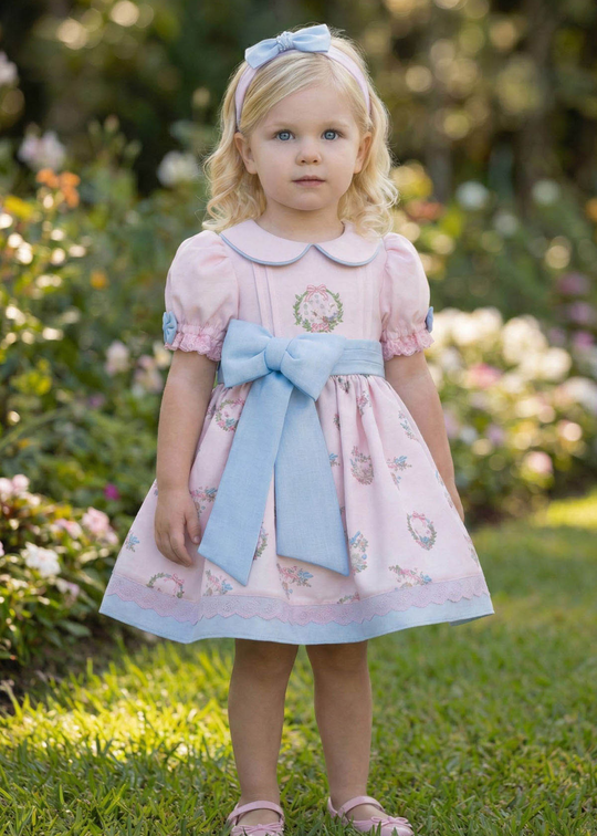 Rochie Roz Maneca Scurta Cordon cu Funda Bleu in Talie 36443PR Pamina