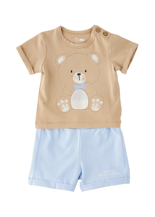 Set 2 Piese Tricou Bej cu Urs si Pantaloni Scurti Bleu 4.G152/00 iDO