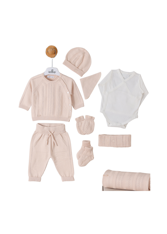 Set 9 Piese Maternitate Tricotat Bumbac Bej Bluza si Pantaloni 3113 Leo King