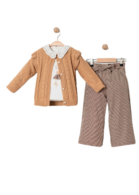 3 Piece Set Brown Knitted Cardigan Cream Blouse with Embroidered Collar and Brown Peplum Pants 15477 Bebus