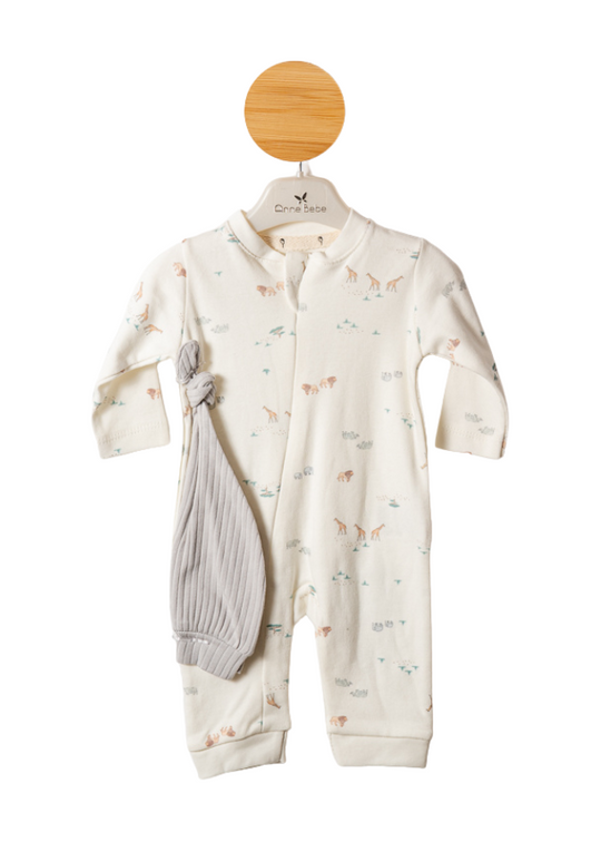 Cream Organic Cotton Long Jumpsuit with Jungle Print 2401 Bubbles