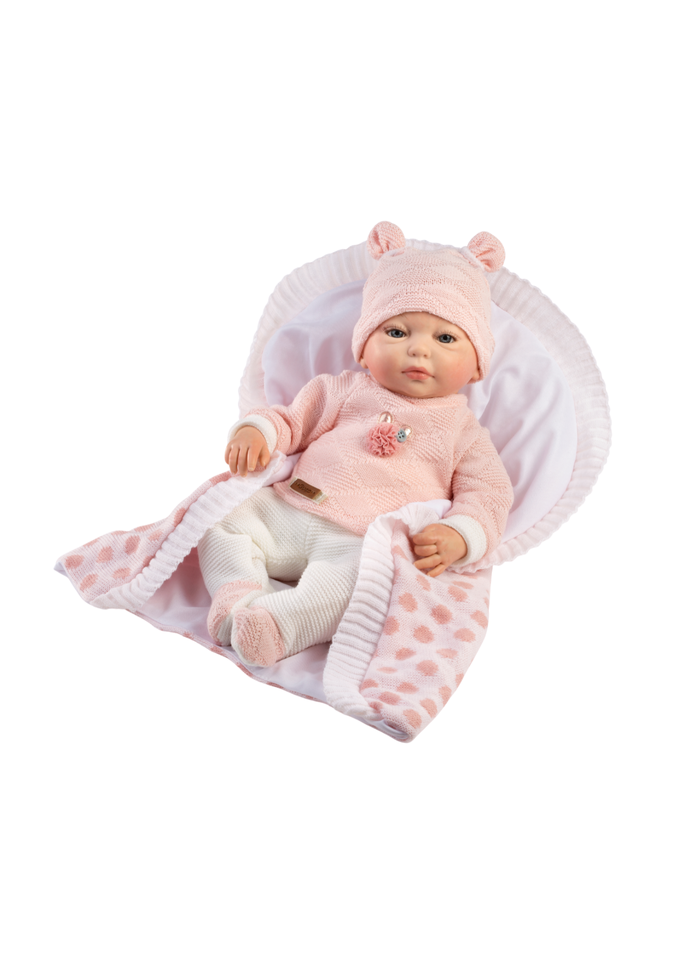 Reborn Prematur Lea, 38 cm, Fara Par, Corp Vinil+Textil cu Pantaloni Albi, Pulover Roz si o Paturica Alba cu Buline Roz 10293 Guca Munecas