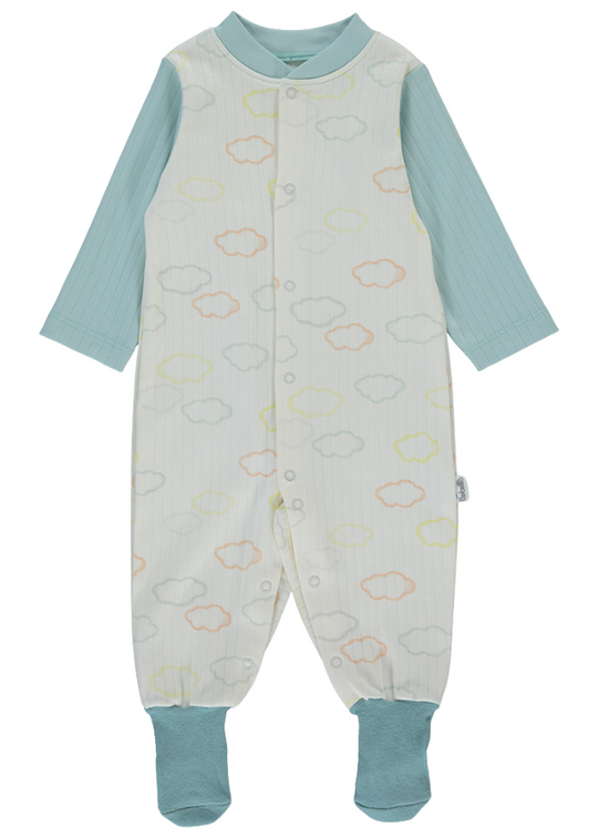 Salopeta Lunga din Bumbac Interlock Crem cu Verde cu Nori Happy Sheep T3682 Bebetto