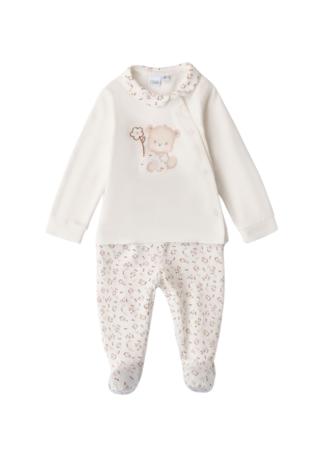 AnneBebe - Set 2 Piese Pijama Crem, Bluza cu Urs si Pantaloni cu Imprimeu Flori Bej 8124 iDO