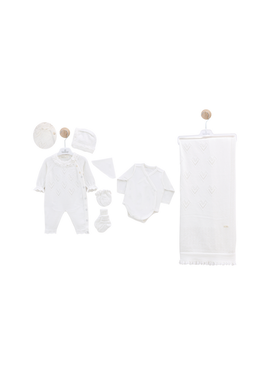 Set Maternitate 7 Piese Tricotat Bumbac Alb Salopeta Inimi 3047 Leo King