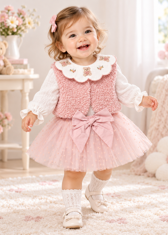 Set 3 Piese cu Vesta din Blanita Roz Pudrat si Guler Brodat cu Ursuleti 3944 – MinoBaby
