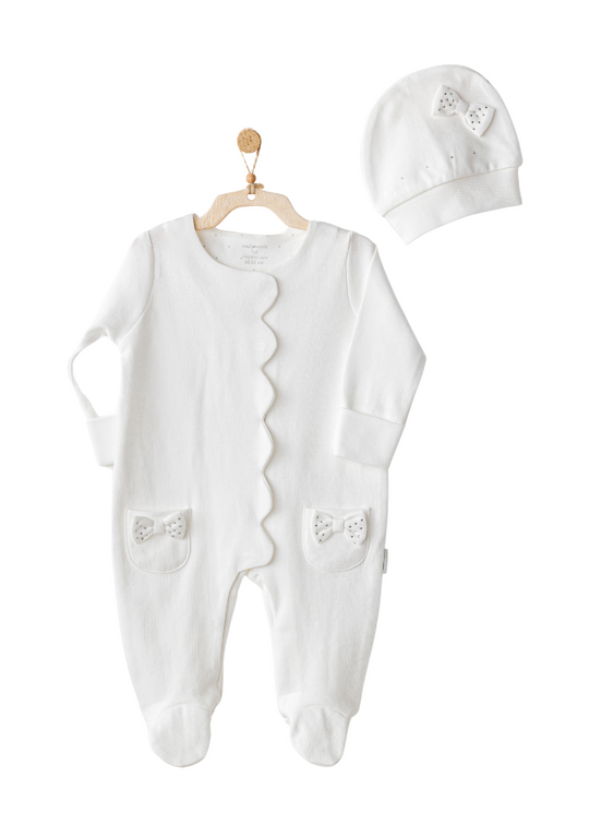 Long Cream Jumpsuit with Rhinestone Bows and Fes Accessories AC25823 Andywawa