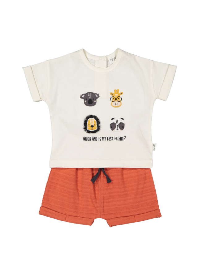 Set 2 Piese Tricou Crem cu Animale si Pantaloni Scurti Portocalii Bobby and Me K4702 Bebetto