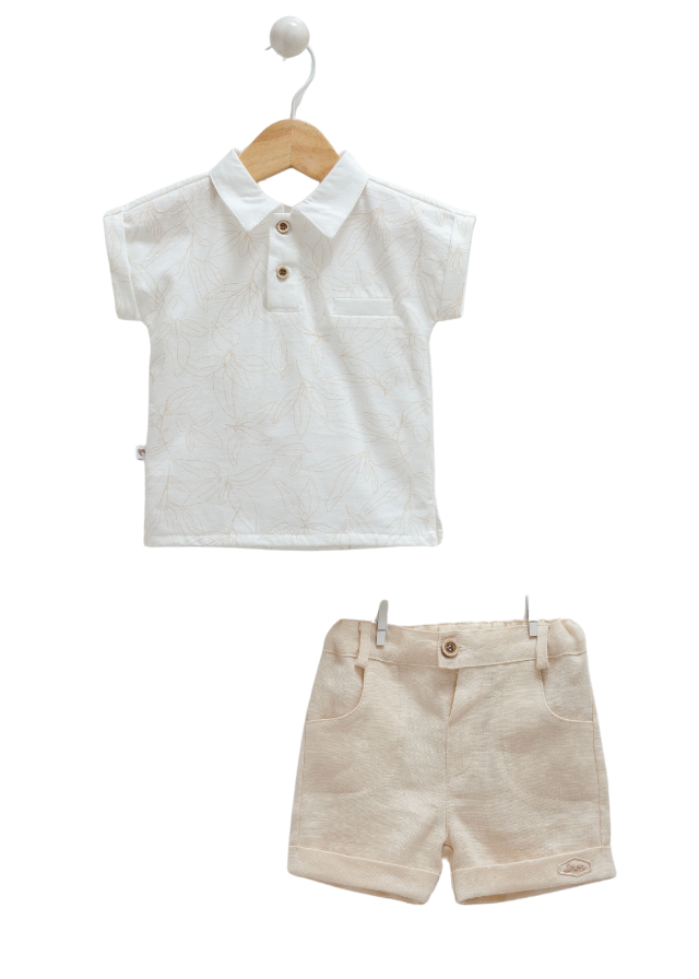 Set 2 Piese Tricou polo cu Imprimeu Bej si Pantaloni Scurti Bej din Bumbac 9780 Mell Sweet Baby