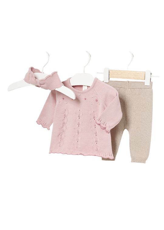 Set of 3 Pink Knitwear with Beige Blouse, Pants and Headband 2783 col 61 Mayoral