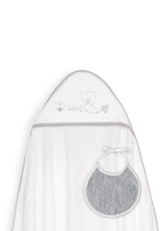 Prosop cu Capison 100x100 cm si Bavetica Alb-Gri cu Ursulet si Inimioare 01249-18 Interbaby
