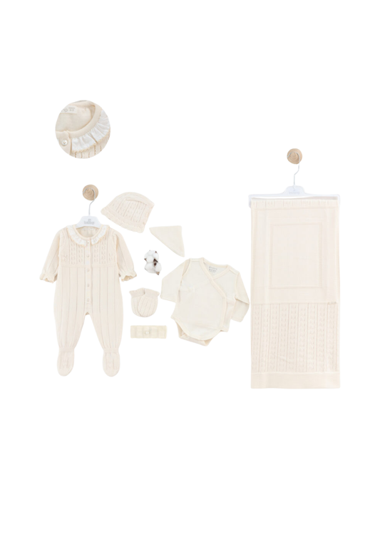 Set Maternitate 7 Piese Tricotat Bumbac Bej Salopeta cu Guler 3122 Leo King