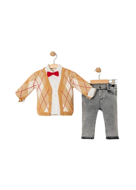 Set 3 Piese Cardigan Bej Carouri cu Rosu Camasa Alba Pantaloni Denim Gri 15043 Bebus