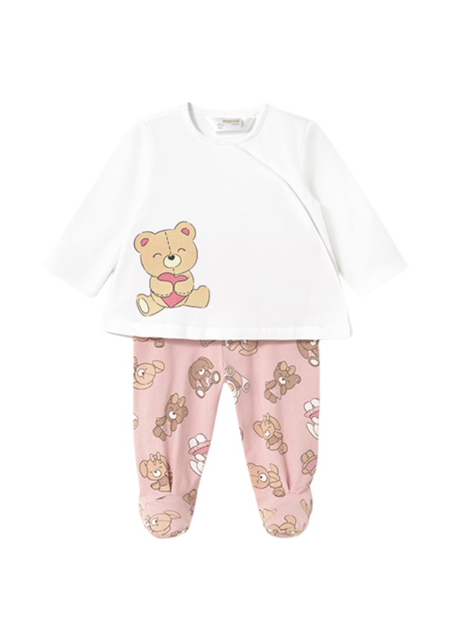 Set 2 Piese Pijama Bluza si Pantaloni Lungi Alb cu Roz cu Ursi 1588 Mayoral