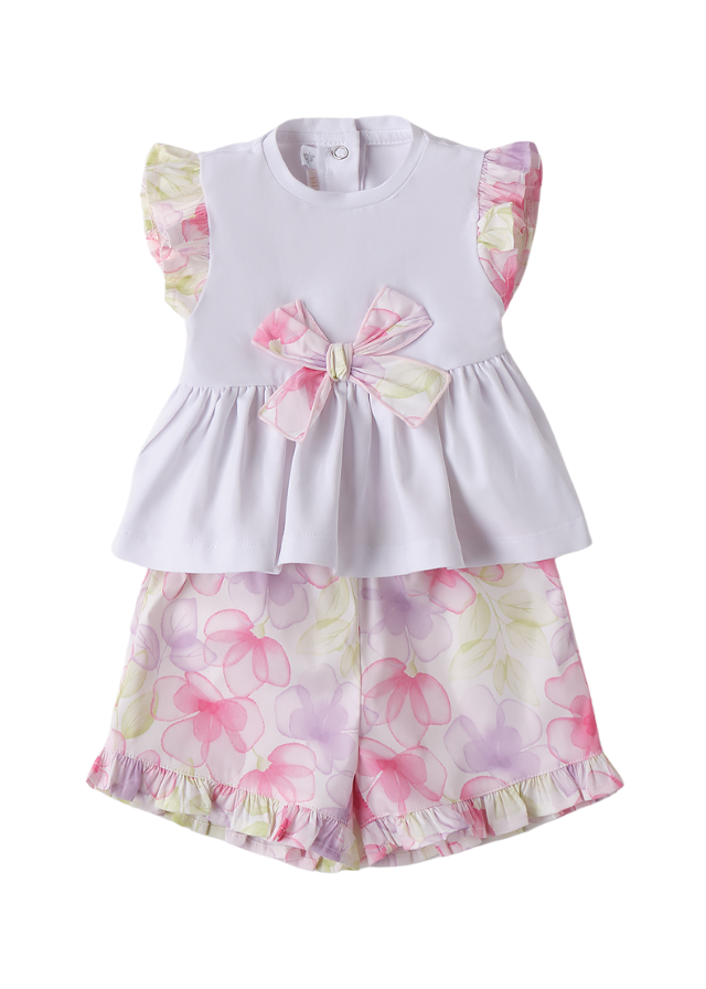 Set 2 Piese Tricou Alb cu Funda si Pantaloni Scurti cu Flori Roz 3.B755/00 col 0113 Minibanda