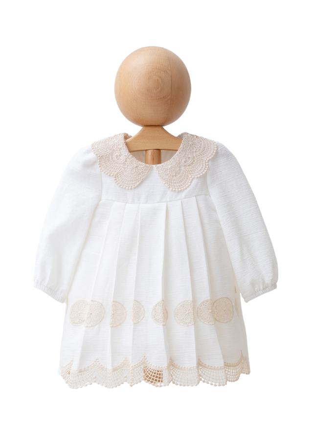 Rochie Ivory cu Maneca Lunga cu Pliseuri cu Guler Dantela Crosetata Bej 4291 MyMio