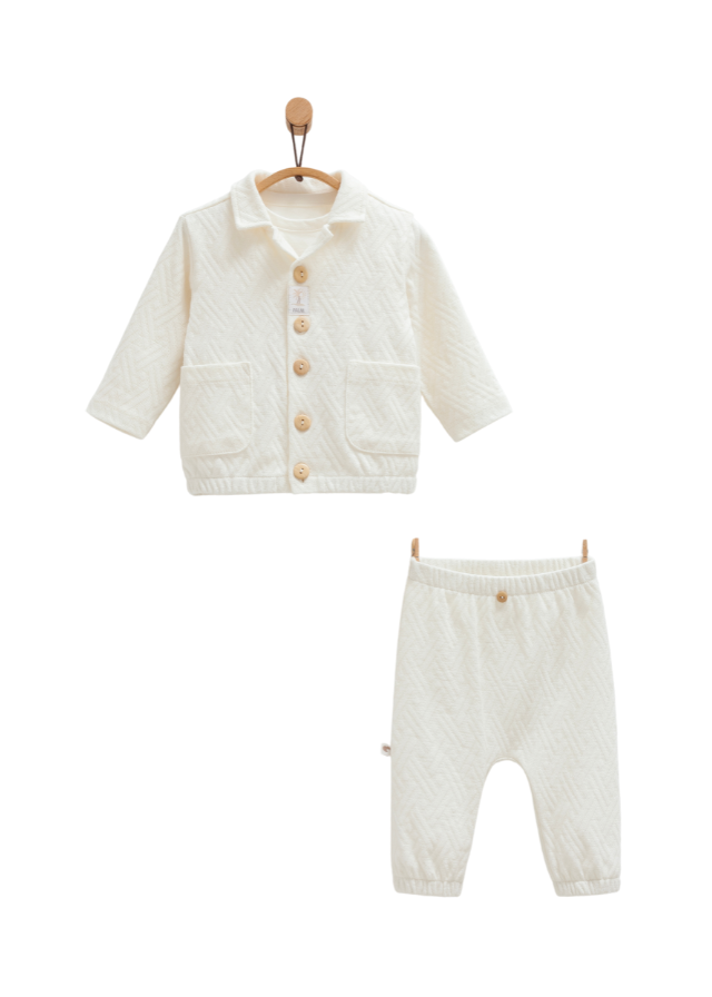 Set 3 Piese Crem Jacheta cu Nasturi Pantaloni si Tricou Natural Palm TKE1608 Mell Sweet Baby