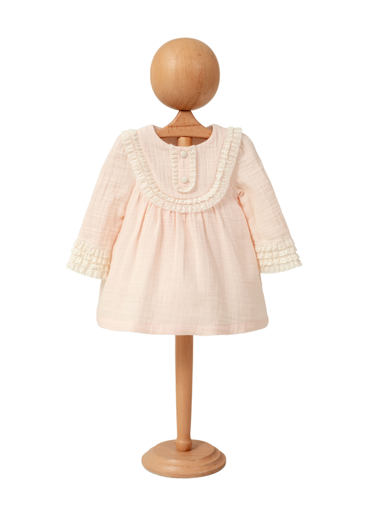 Rochie Somon din Muselina cu Maneca Lunga cu Dantela la Maneci 4565 MyMio