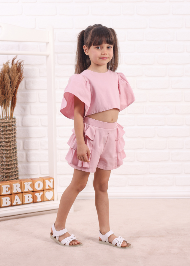 Set 2 Piese Roz Pudra Top Scurt cu Maneci Largi si Pantaloni Scurti cu Volane 779 Connie Baby