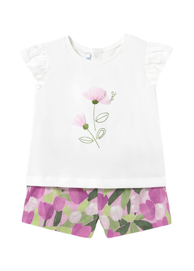 Set 2 Piese Tricou Crem si Pantaloni Scurti Imprimeu Lalele Mov 1237 Mayoral