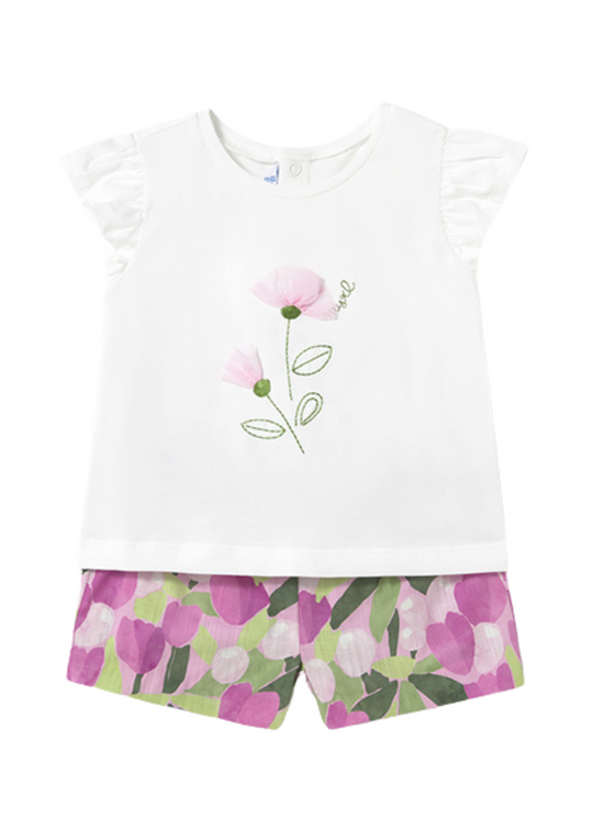Set 2 Piese Tricou Crem si Pantaloni Scurti Imprimeu Lalele Mov 1237 Mayoral