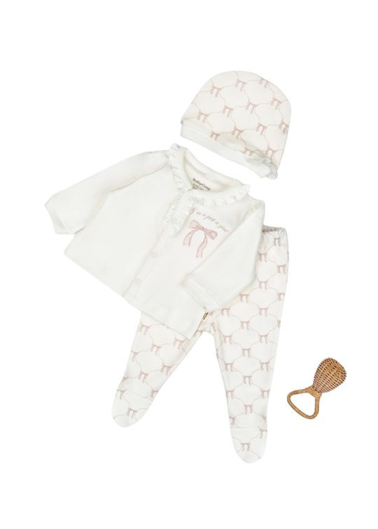 Set 3 Piese Bumbac Organic Crem cu Imprimeu Funde Bej Bluza,Pantaloni si Fes CSY8143 Baby Cosy